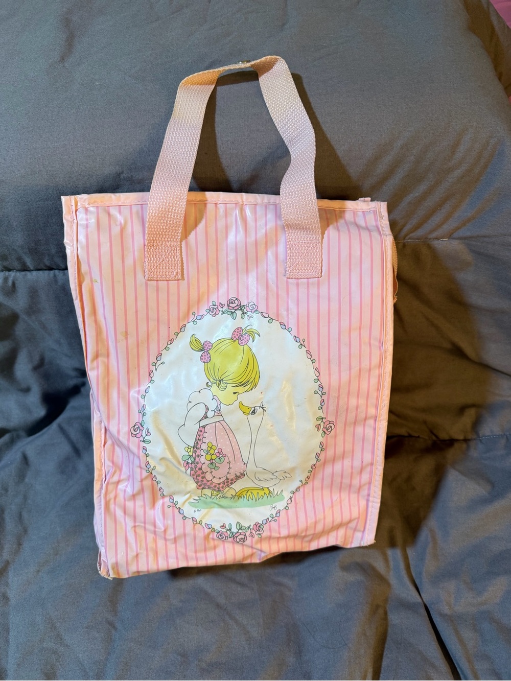 Pink Striped Girls' Tote Bag with Cute Illustration